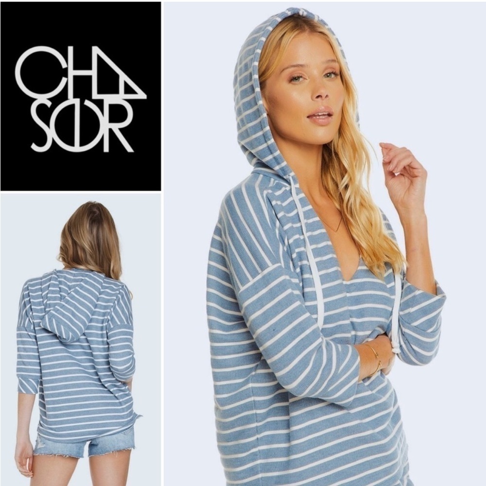 Chaser Striped French Terry Beachy Pullover Hoodie Blue White Stripe Size Small